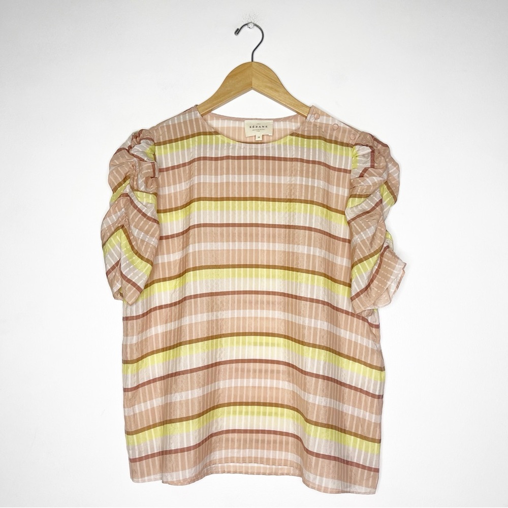 Sezane Stripe Short Sleeve Silk Blouse Size 38 US Size 6 Medium